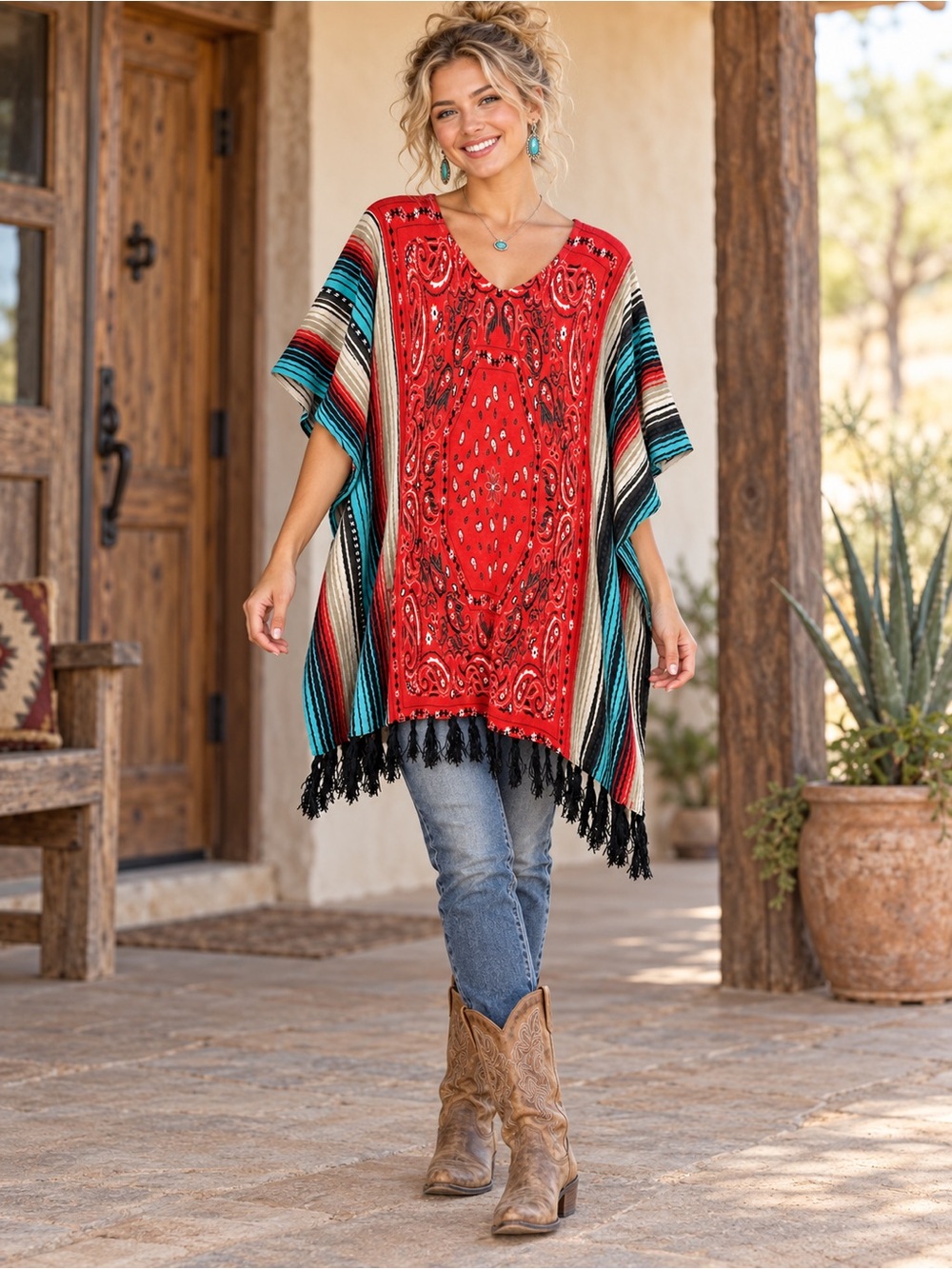 Crazy Train Cowgirl Red Paisley Bandana Fringe Poncho with Teal Stripe Accents